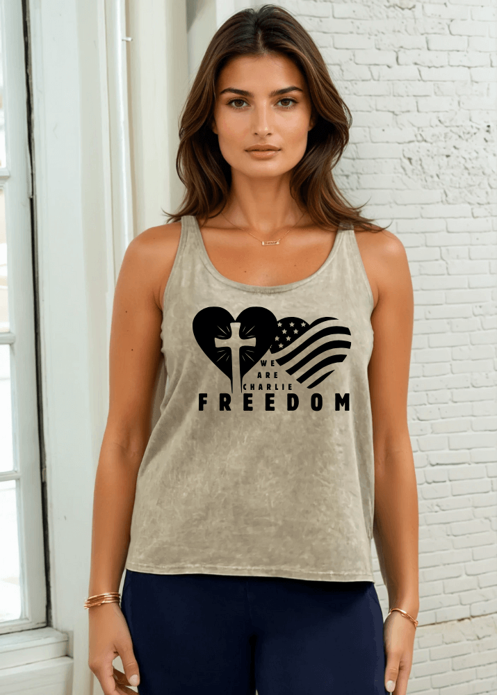 Made in USA | We Are Charlee FREEDOM Graphic Women's Cotton Tank Top Women's Sustainable durable premium America-made cotton tank top, Mineral Washed Vintage Look, Wide Round Neck, Loose Fit, Perfect for Layering in Seven Colors | Classy Cozy Cool Women's Made in America Boutique