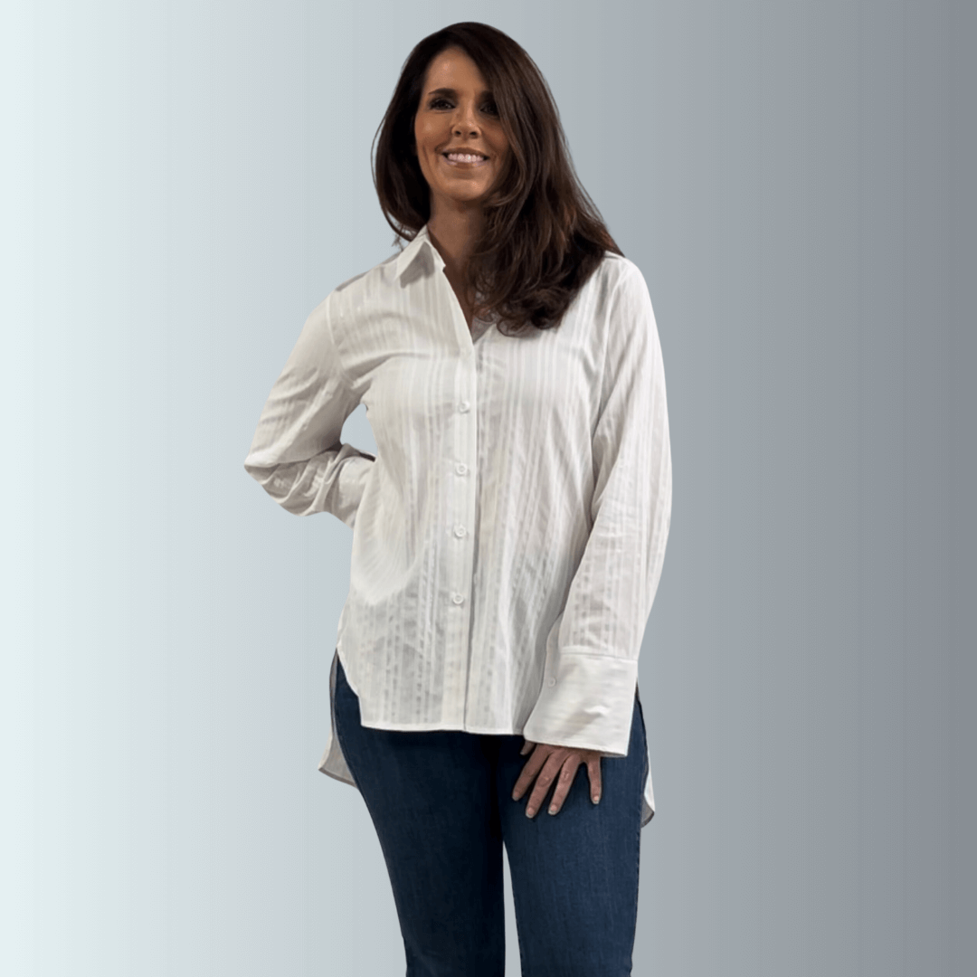 Made in USA Women's Marly Top, White top with Lurex Pinstripes, Collared, Button Down Longer Tunic Length, Relaxed Fit, High-Low Design, Side Slits | Classy Cozy Cool Made in America Boutique