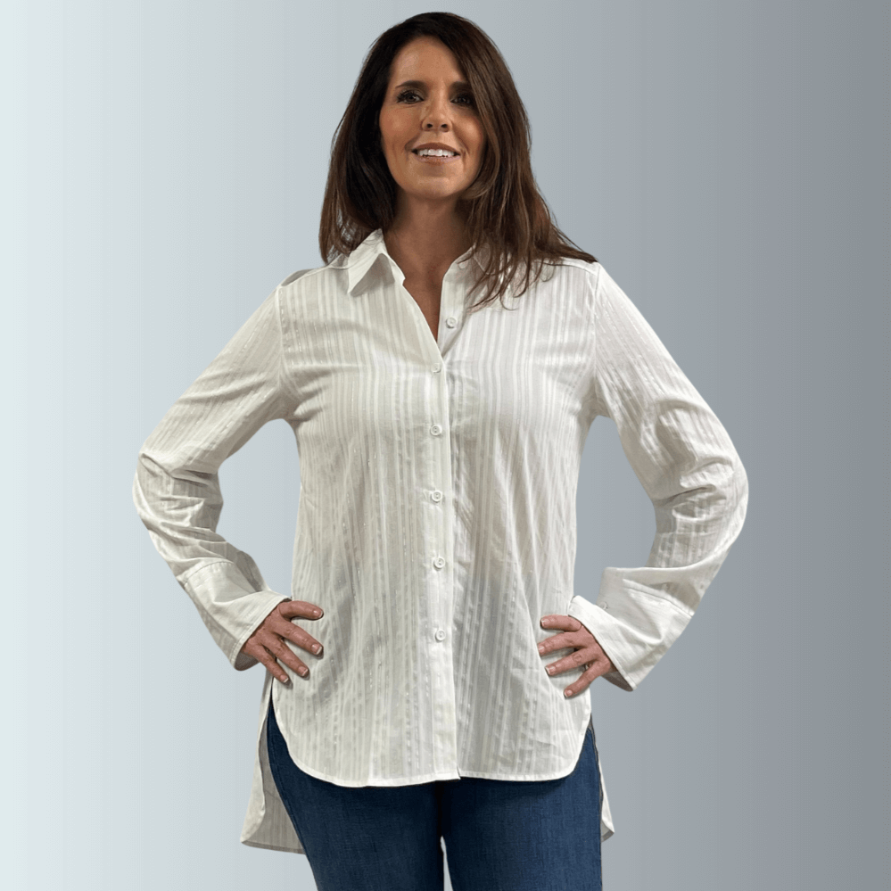 Made in USA Women's Marly Top, White top with Lurex Pinstripes, Collared, Button Down Longer Tunic Length, Relaxed Fit, High-Low Design, Side Slits | Classy Cozy Cool Made in America Boutique