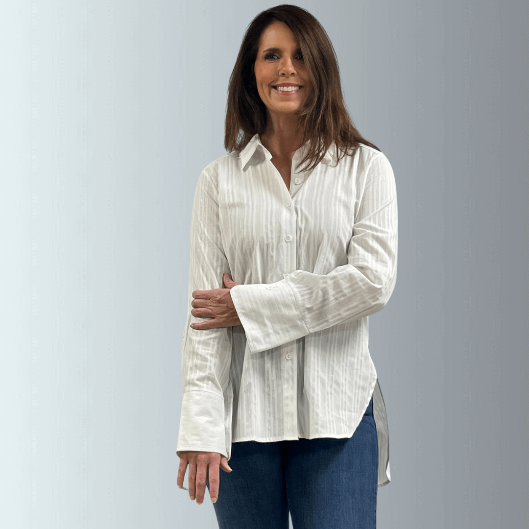 Made in USA Women's Marly Top, White top with Lurex Pinstripes, Collared, Button Down Longer Tunic Length, Relaxed Fit, High-Low Design, Side Slits | Classy Cozy Cool Made in America Boutique