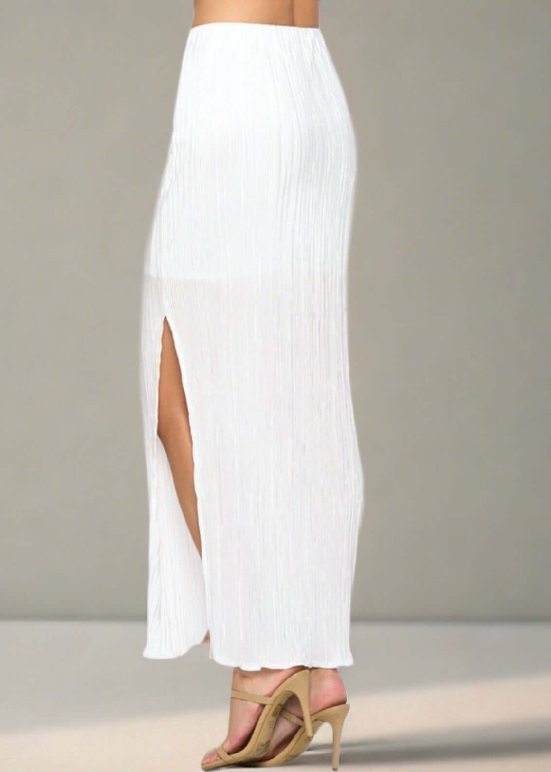 Women's White Plisse Maxi Skirt with Sheer Detail Made in USA