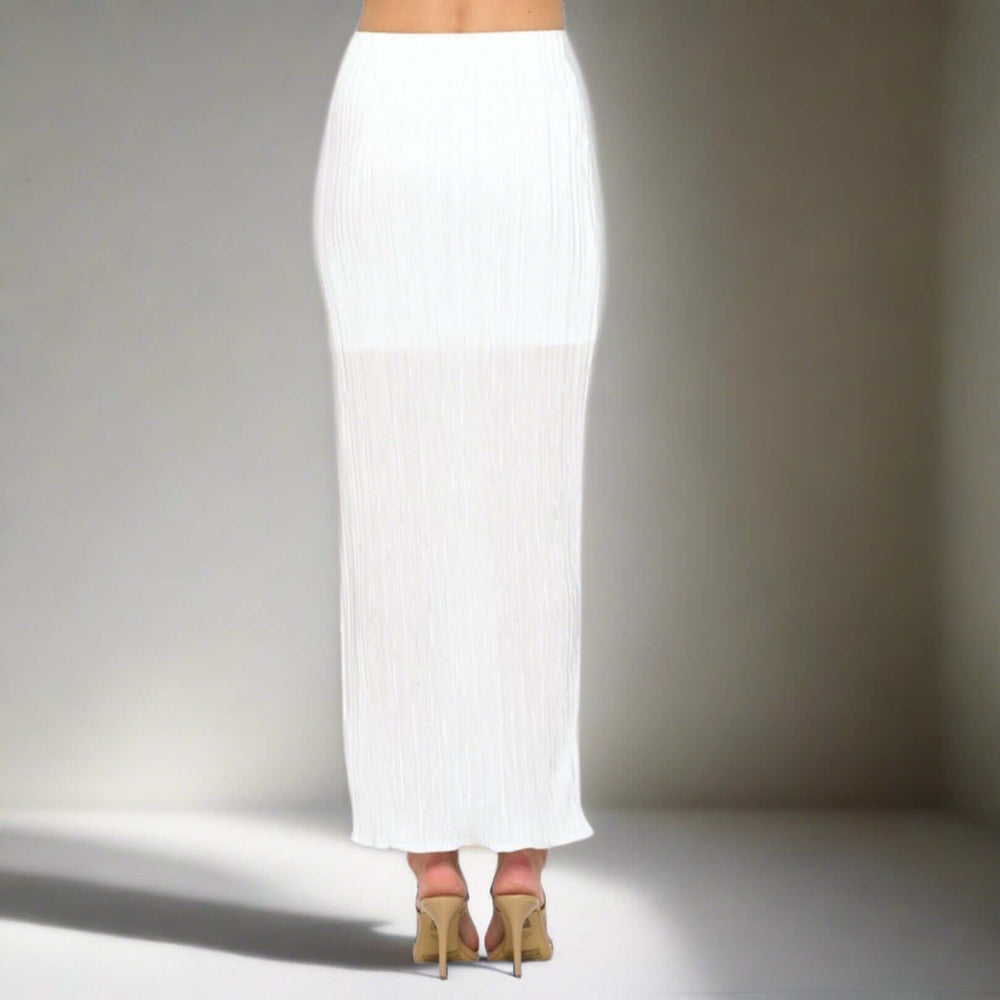 Made in USA Women's White Plisse Maxi Sheer Skirt Maxi with Mini Length Lining in White | Renee C | Classy Cozy Cool Women's Made in America Boutique