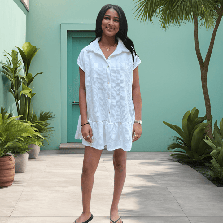 Bucket List Clothing Style# D4185 | Women's White Button Down Textured Shirt Dress or Tunic with Flounce Ruffle Hem | Classy Cozy Cool Made in America Boutique