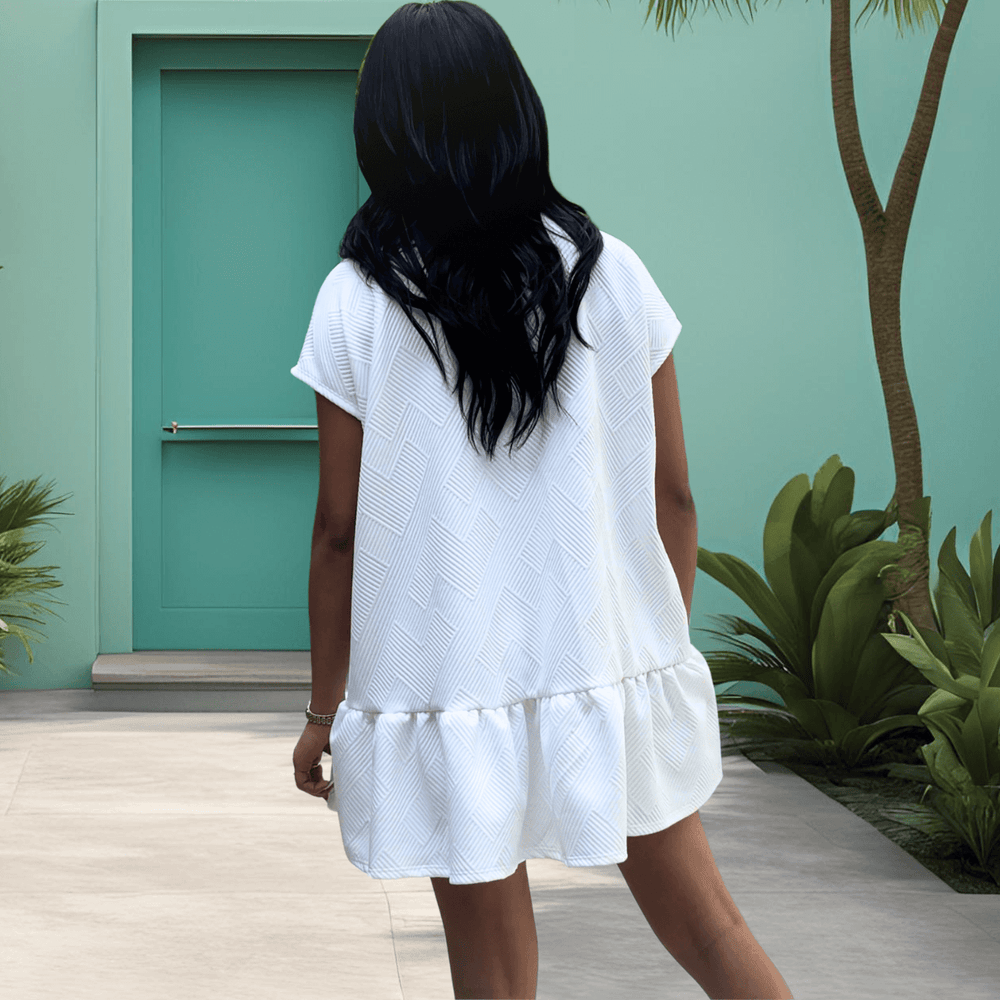 Bucket List Clothing Style# D4185 | Women's White Button Down Textured Shirt Dress or Tunic with Flounce Ruffle Hem | Classy Cozy Cool Made in America Boutique