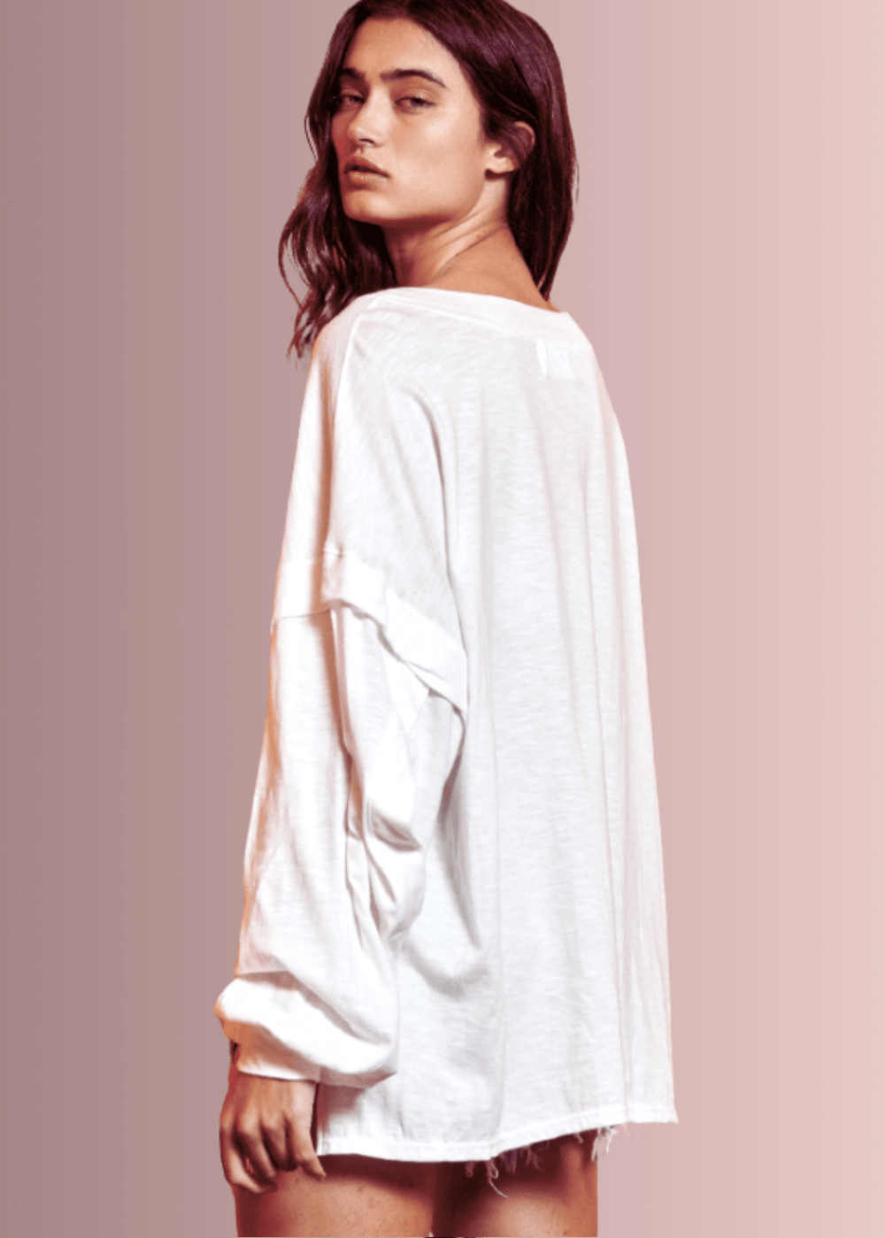 USA Made Ladies Oversized White Cotton Long Sleeve Tee with Raw Edge Detail and Snap Down Front | Bucket List Clothing Style# T1912