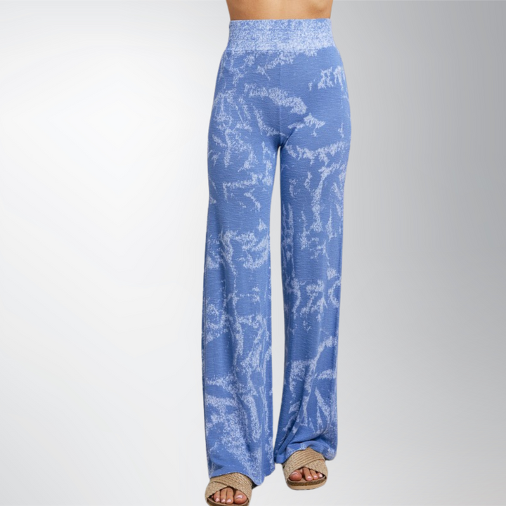 Made in USA Women's Shades of Blue Soft and Stretchy Tie Dye Wide Leg Flare Lounge Pants | Classy Cozy Cool Made in America Boutique