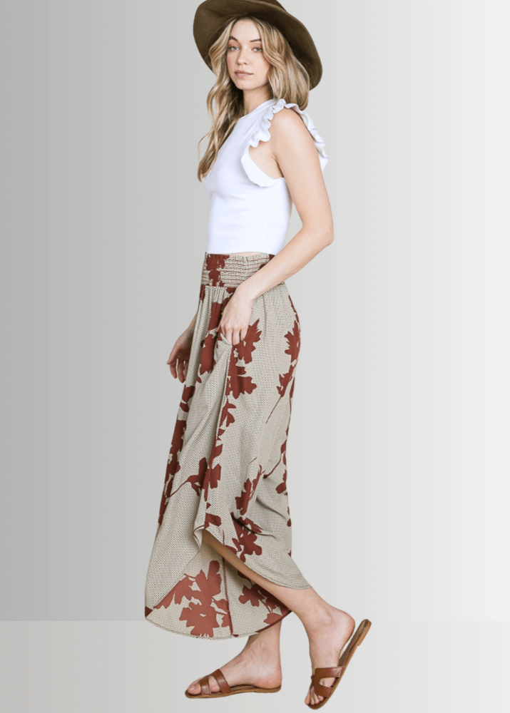 Made in USA Women's Sage with Brown Floral Printed Smocked Waist Pants with Pockets and Asymmetrical Cropped Hem | Brand: Bucket List Style P5024