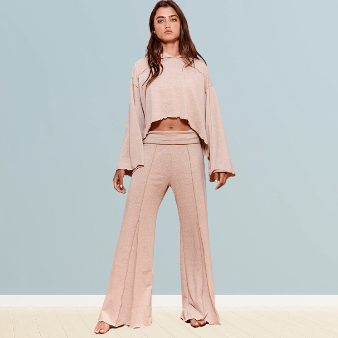 Bucket List Fashion Style P5440 paired with T2276 | Cozy & Cool 2 Piece Lounge Set Cropped Hoodie Top with Long Bell Sleeves, Fold Over Waist High Rise Matching Pants with Flare Leg in Cream