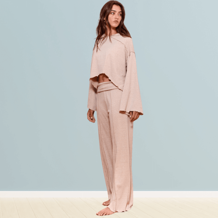 Bucket List Fashion Style P5440 paired with T2276 | Cozy & Cool 2 Piece Lounge Set Cropped Hoodie Top with Long Bell Sleeves, Fold Over Waist High Rise Matching Pants with Flare Leg in Cream