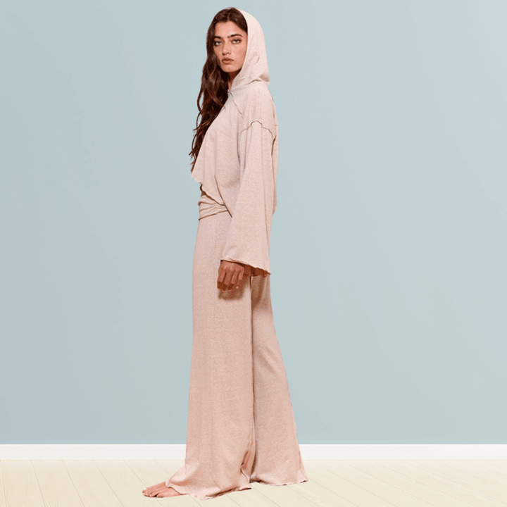 Bucket List Fashion Style P5440 paired with T2276 | Cozy & Cool 2 Piece Lounge Set Cropped Hoodie Top with Long Bell Sleeves, Fold Over Waist High Rise Matching Pants with Flare Leg in Cream