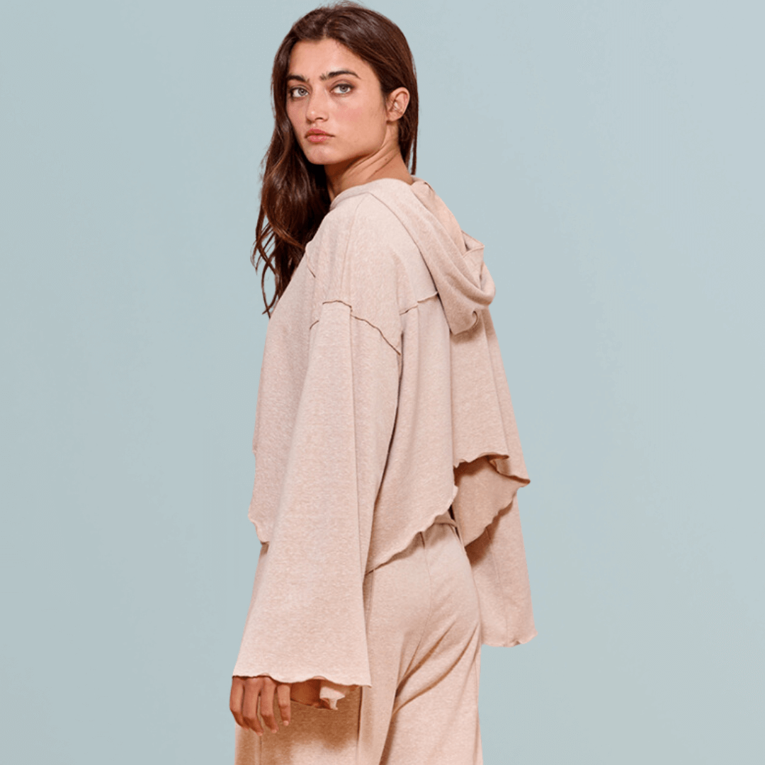 Bucket List Fashion Style P5440 paired with T2276 | Cozy & Cool 2 Piece Lounge Set Cropped Hoodie Top with Long Bell Sleeves, Fold Over Waist High Rise Matching Pants with Flare Leg in Cream