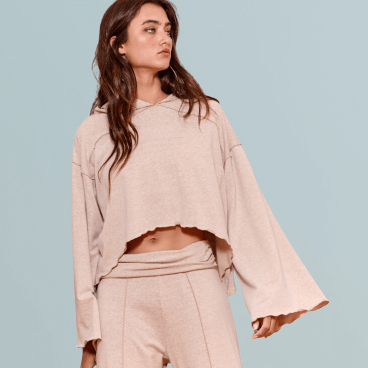 Bucket List Fashion Style P5440 paired with T2276 | Cozy & Cool 2 Piece Lounge Set Cropped Hoodie Top with Long Bell Sleeves, Fold Over Waist High Rise Matching Pants with Flare Leg in Cream