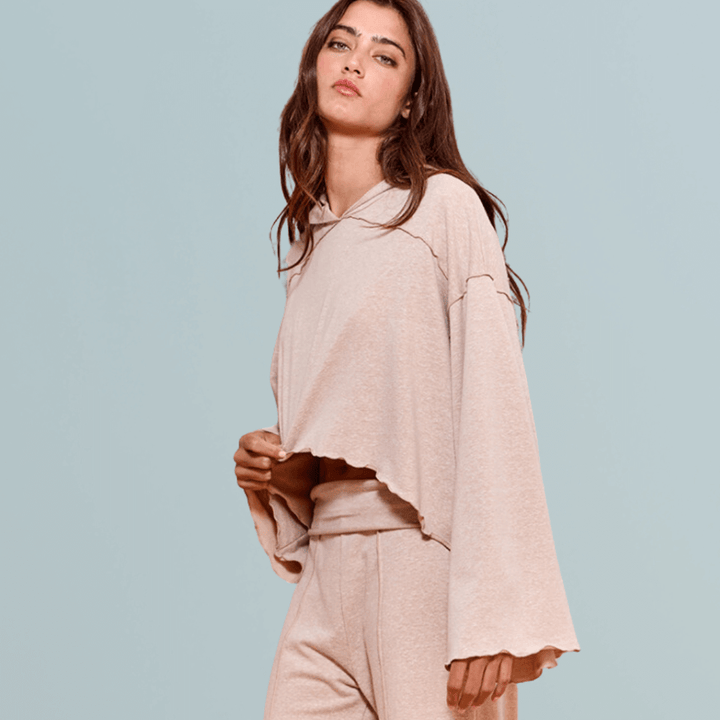 Bucket List Fashion Style P5440 paired with T2276 | Cozy & Cool 2 Piece Lounge Set Cropped Hoodie Top with Long Bell Sleeves, Fold Over Waist High Rise Matching Pants with Flare Leg in Cream