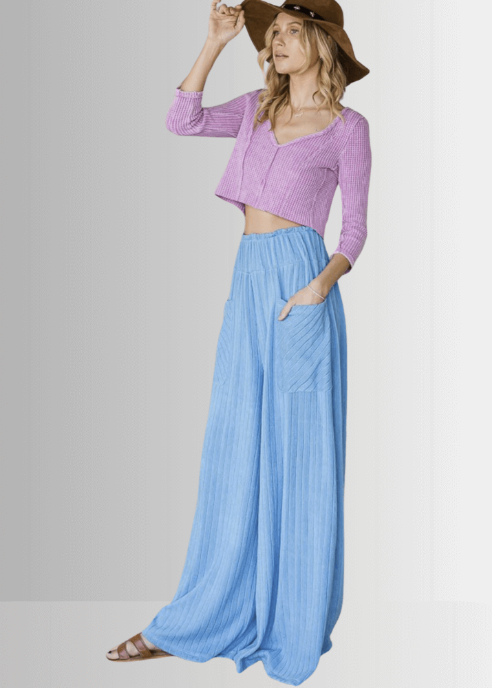 Bucket List Style P5150, Women's Light Blue Wide Leg Palazzo Pants, Large Side Patch Pockets, Wide Ruffled Waistband, High Rise, Textured Ribbed Fabrication Made in USA