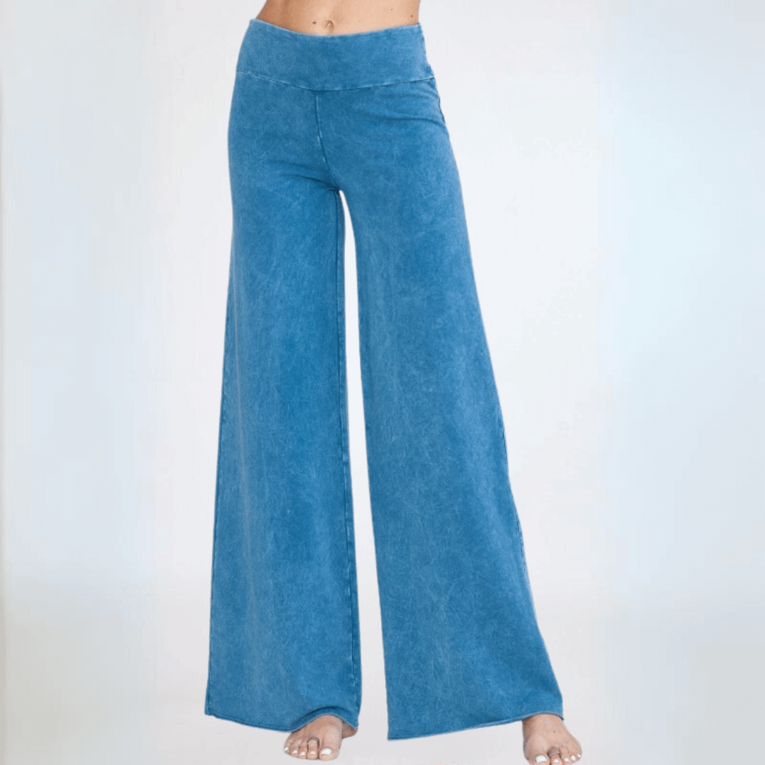Made in USA Women's Wide Leg Flare Pants in American Made French Terry Cotton in Mineral Washed Light Denim |  Style C30720 | Classy Cozy Cool Made in America Boutique