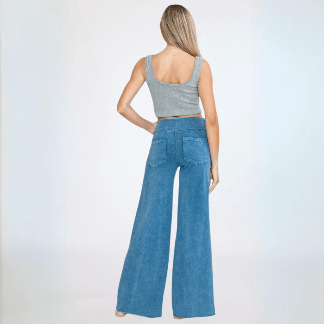 Made in USA Women's Wide Leg Flare Pants in American Made French Terry Cotton in Mineral Washed Light Denim | Style C30720 | Classy Cozy Cool Made in America Boutique