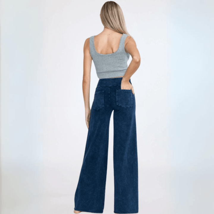 Made in USA Women's Wide Leg Flare Pants in American Made French Terry Cotton in Mineral Washed Dark Denim | Style C30720 | Classy Cozy Cool Made in America Boutique