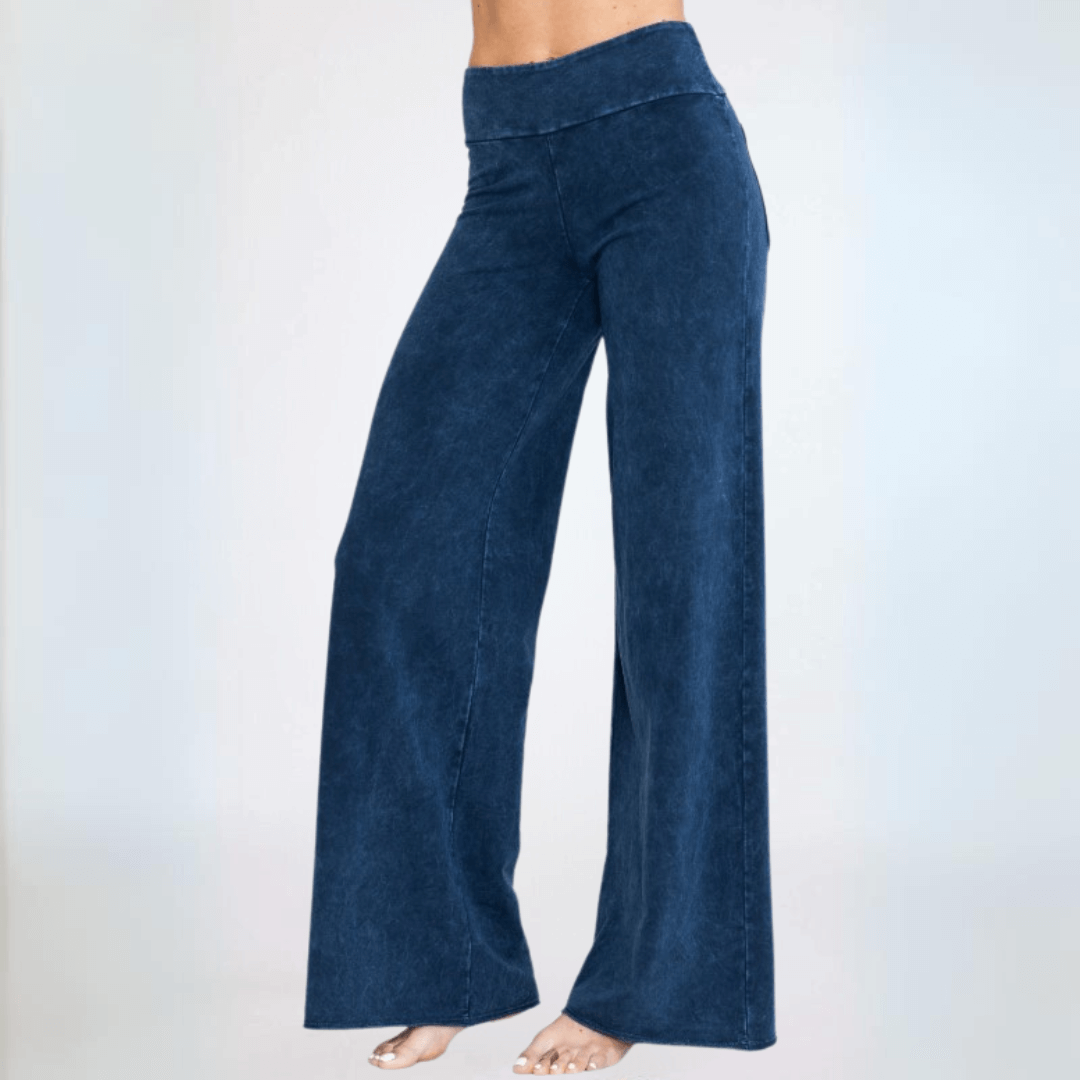 Made in USA Women's Wide Leg Flare Pants in American Made French Terry Cotton in Mineral Washed Dark Denim |  Style C30720 | Classy Cozy Cool Made in America Boutique