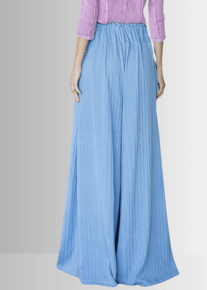 Bucket List Style P5150, Women's Light Blue Wide Leg Palazzo Pants, Large Side Patch Pockets, Wide Ruffled Waistband, High Rise, Textured Ribbed Fabrication Made in USA
