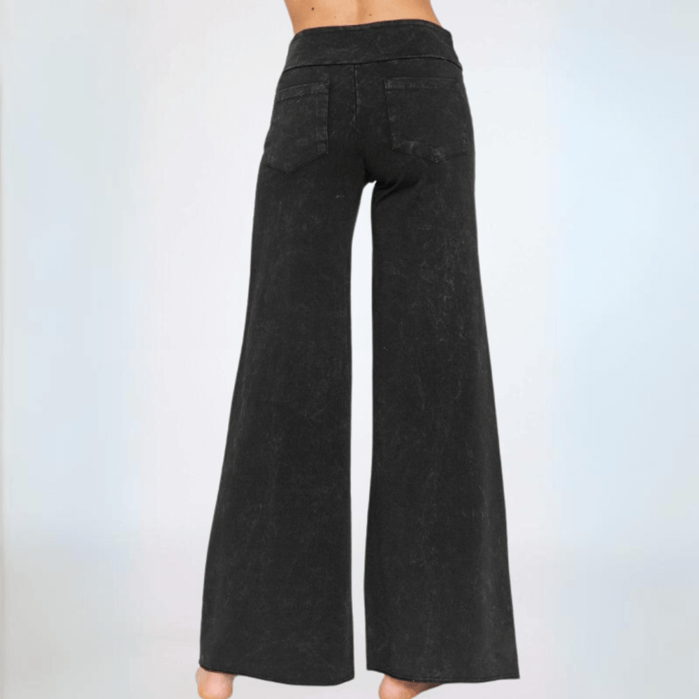 Made in USA Women's Wide Leg Flare Pants in American Made French Terry Cotton in Mineral Washed Black |  Style C30720 | Classy Cozy Cool Made in America Boutique