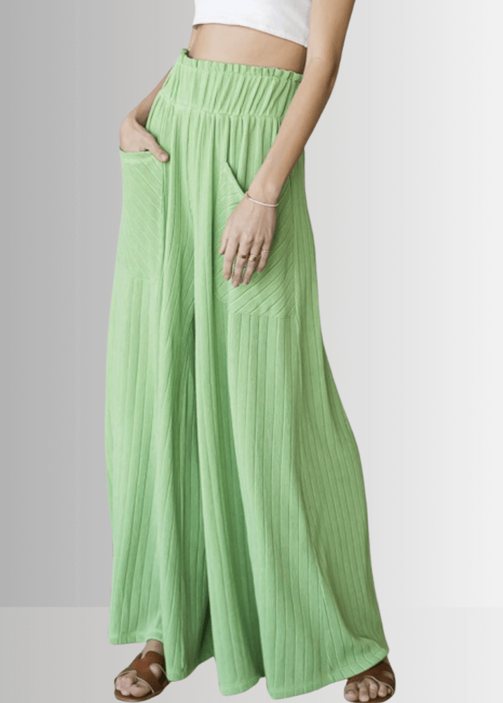 Bucket List Style P5150, Women's Light Green Wide Leg Palazzo Pants, Large Side Patch Pockets, Wide Ruffled Waistband, High Rise, Textured Ribbed Fabrication Made in USA