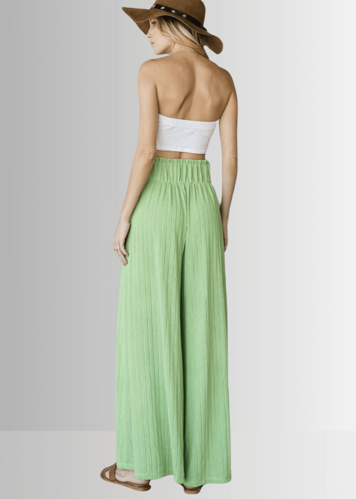Bucket List Style P5150, Women's Light Green Wide Leg Palazzo Pants, Large Side Patch Pockets, Wide Ruffled Waistband, High Rise, Textured Ribbed Fabrication Made in USA