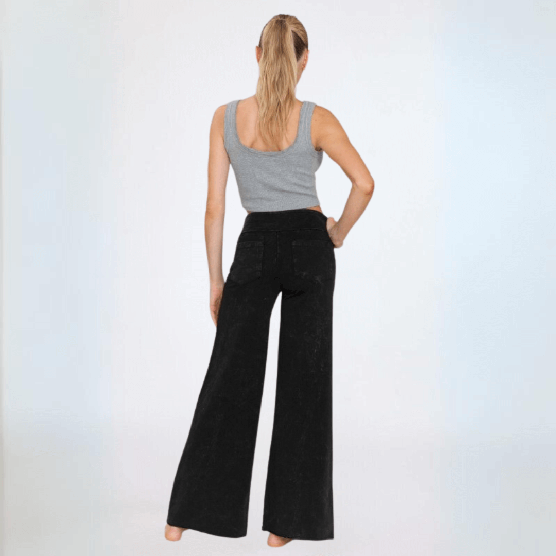 Made in USA Women's Wide Leg Flare Pants in American Made French Terry Cotton in Mineral Washed Black |  Style C30720 | Classy Cozy Cool Made in America Boutique