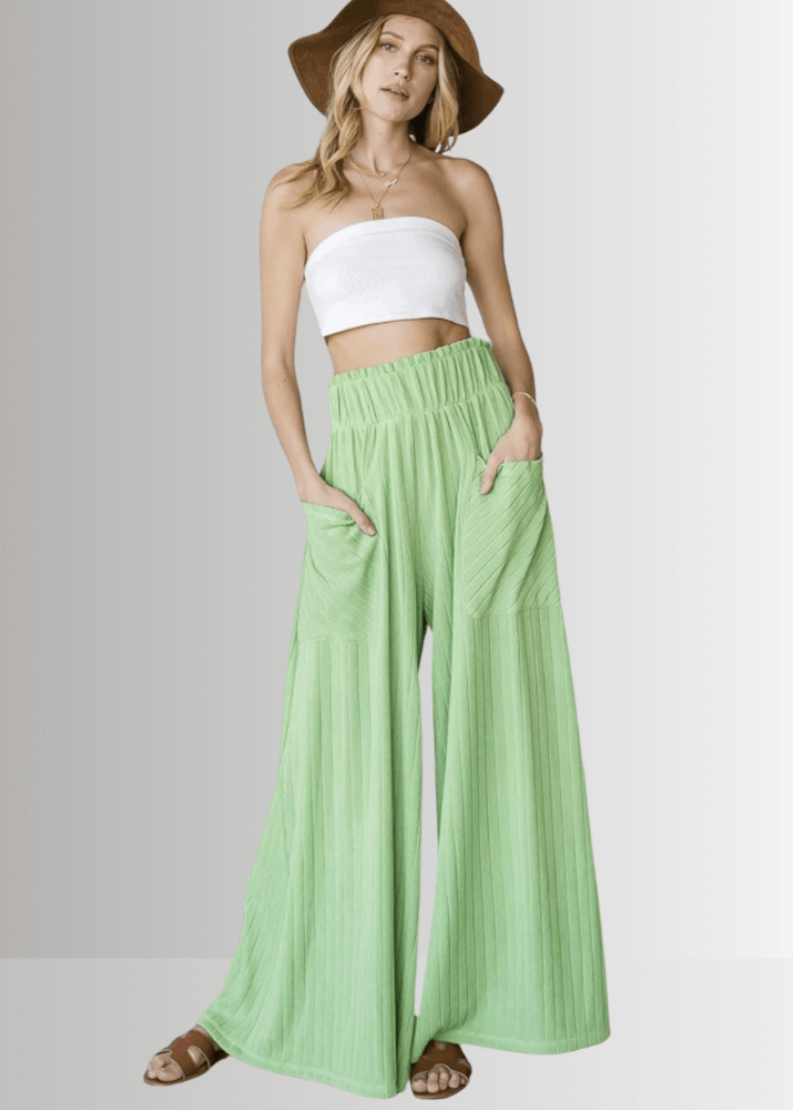 Bucket List Style P5150, Women's Light Green Wide Leg Palazzo Pants, Large Side Patch Pockets, Wide Ruffled Waistband, High Rise, Textured Ribbed Fabrication Made in USA