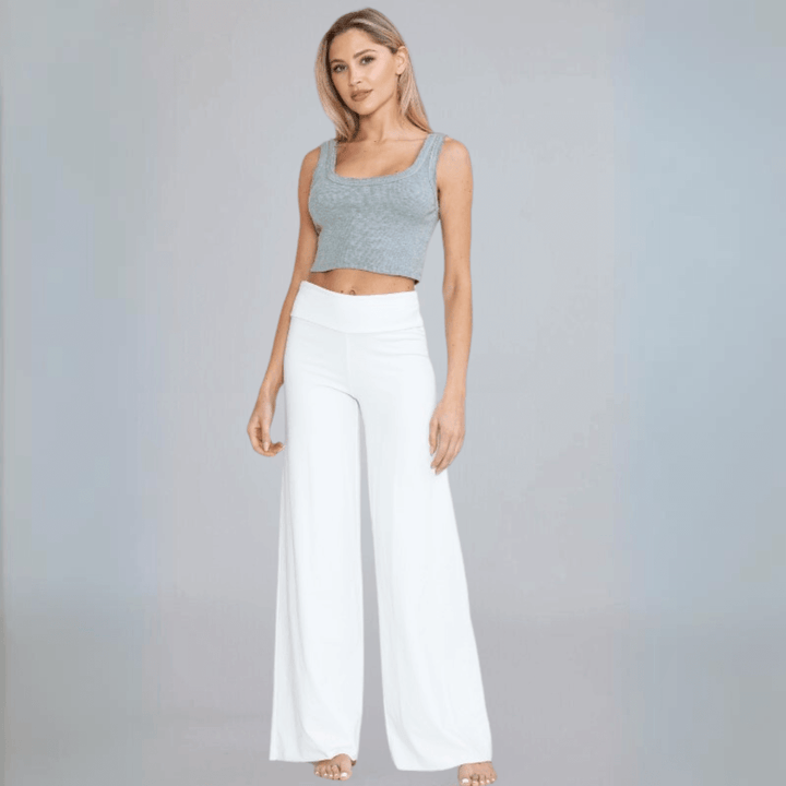 Made in USA Women's Wide Leg Flare Pants in American Made French Terry Cotton in Garment Washed White | Style C30720 | Classy Cozy Cool Made in America Boutique