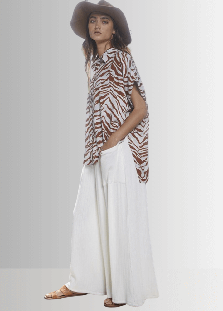 Bucket List Style P5150, Women's Off White Wide Leg Palazzo Pants, Large Side Patch Pockets, Wide Ruffled Waistband, High Rise, Textured Ribbed Fabrication Made in USA
