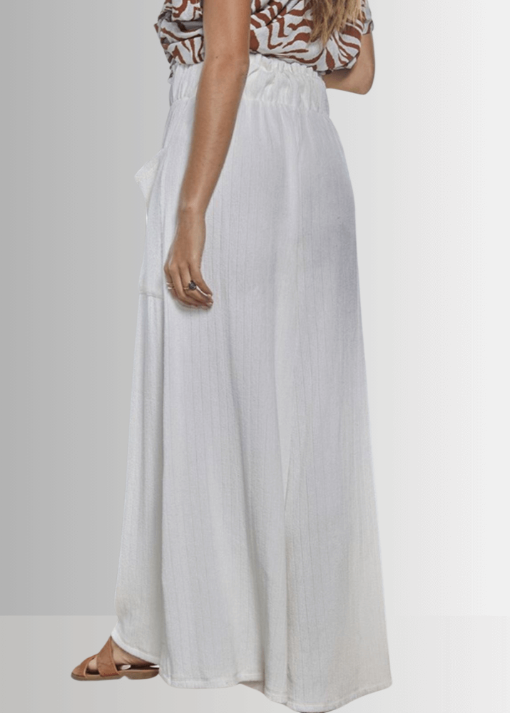 Bucket List Style P5150, Women's Off White Wide Leg Palazzo Pants, Large Side Patch Pockets, Wide Ruffled Waistband, High Rise, Textured Ribbed Fabrication Made in USA