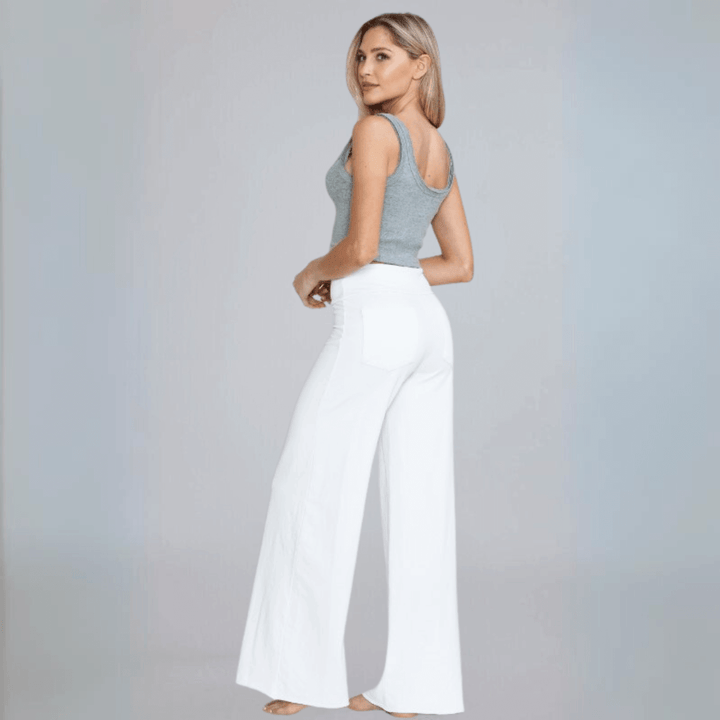 Made in USA Women's Wide Leg Flare Pants in American Made French Terry Cotton in Garment Washed White | Style C30720 | Classy Cozy Cool Made in America Boutique