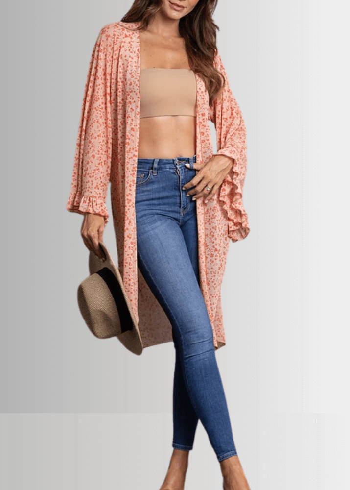 Made in USA Women's Ditsy Floral Bell Sleeve Kimono, Coral Floral Print, Relaxed Fit, 95% Polyester, 5% Spandex | Style RSSW3438 Classy Cozy Cool Women's Made in America Boutique