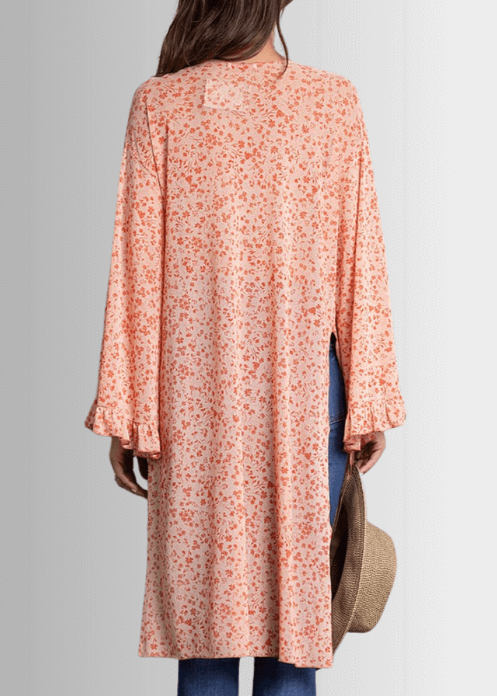 Made in USA Women's Ditsy Floral Bell Sleeve Kimono, Coral Floral Print, Relaxed Fit, 95% Polyester, 5% Spandex | Style RSSW3438 Classy Cozy Cool Women's Made in America Boutique