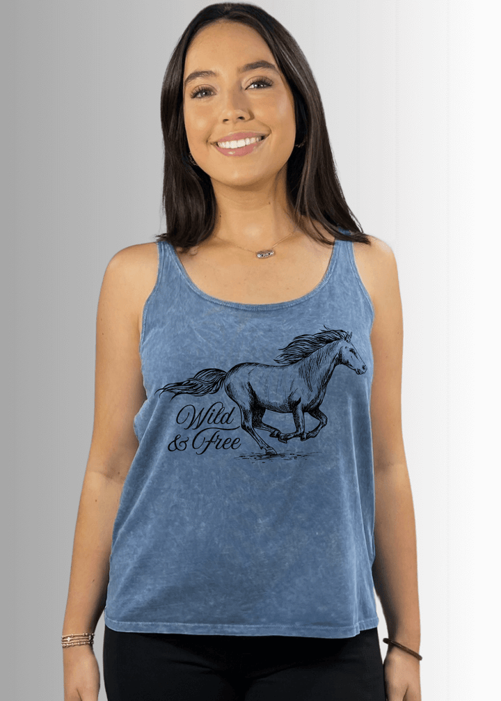 Made in USA Wild and Free Horse Graphic Women's Sustainable durable premium America-made cotton tank top, Wide Round Neck, Loose Fit | Classy Cozy Cool Made in America Boutique