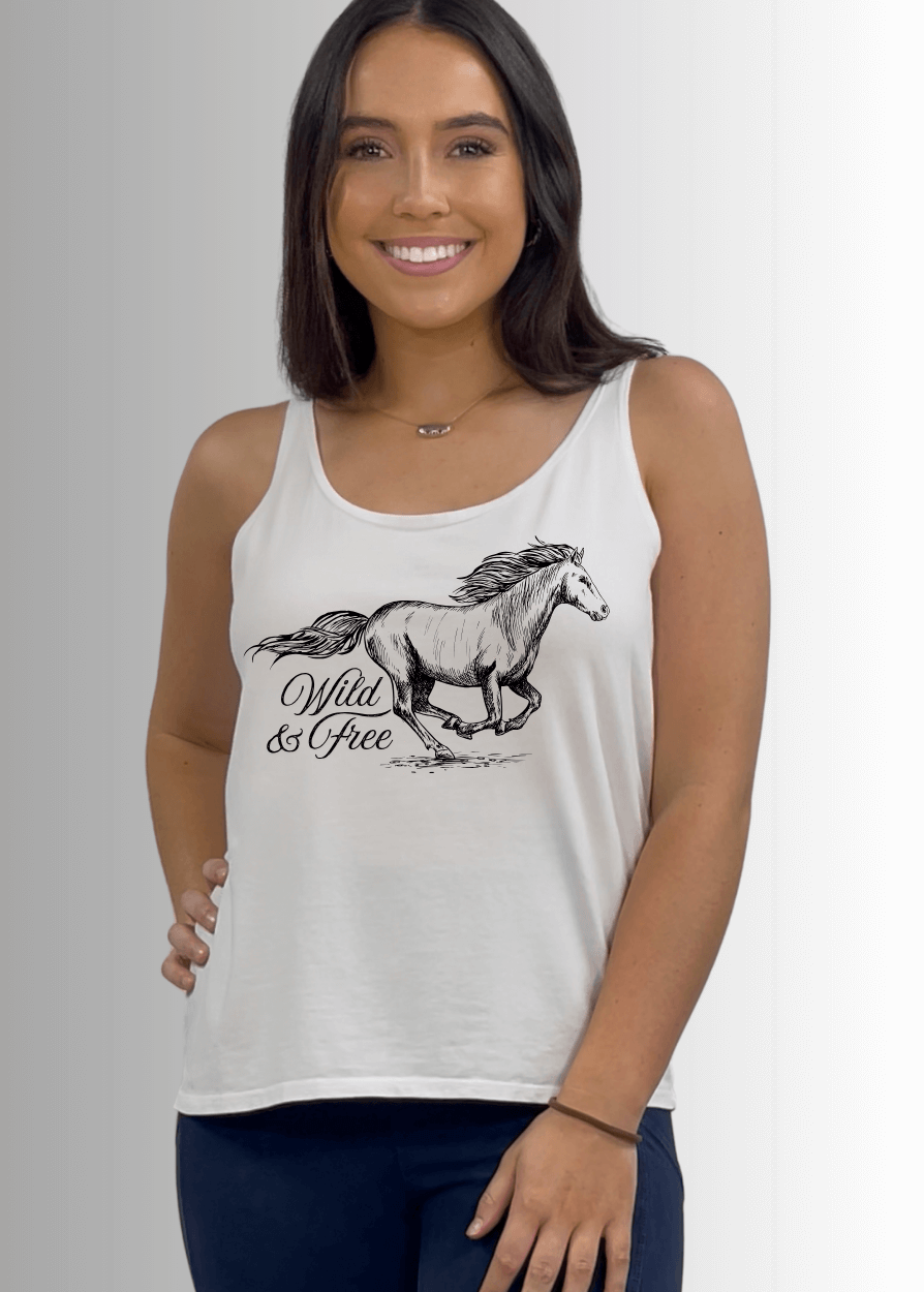 Made in USA Wild and Free Horse Graphic Women's Sustainable durable premium America-made cotton tank top, Wide Round Neck, Loose Fit | Classy Cozy Cool Made in America Boutique