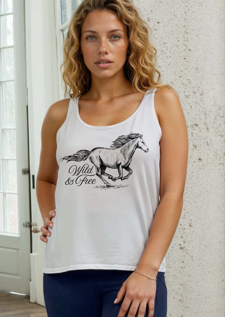 Made in USA Wild and Free Horse Graphic Women's Sustainable durable premium America-made cotton tank top, Wide Round Neck, Loose Fit | Classy Cozy Cool Made in America Boutique