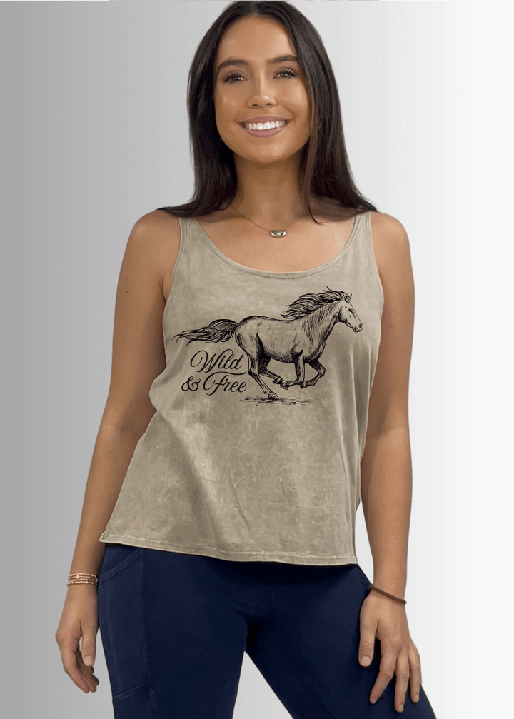 Made in USA Wild and Free Horse Graphic Women's Sustainable durable premium America-made cotton tank top, Wide Round Neck, Loose Fit | Classy Cozy Cool Made in America Boutique
