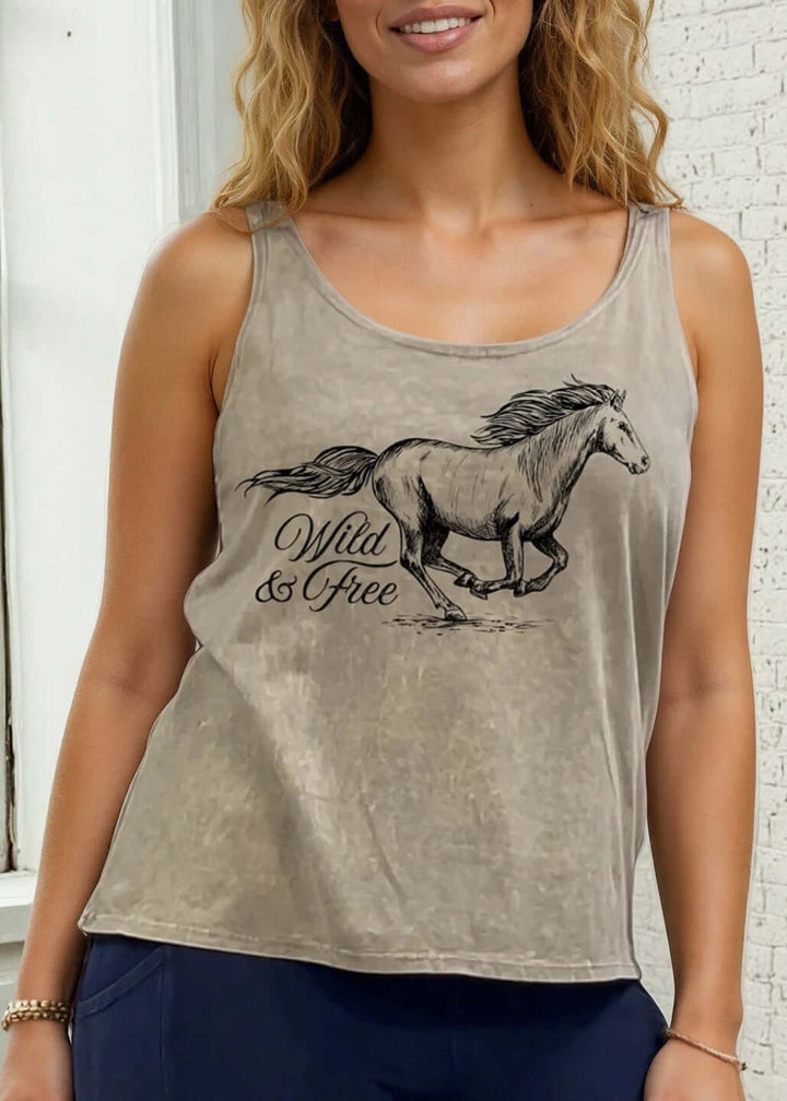 Made in USA Wild and Free Horse Graphic Women's Sustainable durable premium America-made cotton tank top, Wide Round Neck, Loose Fit | Classy Cozy Cool Made in America Boutique