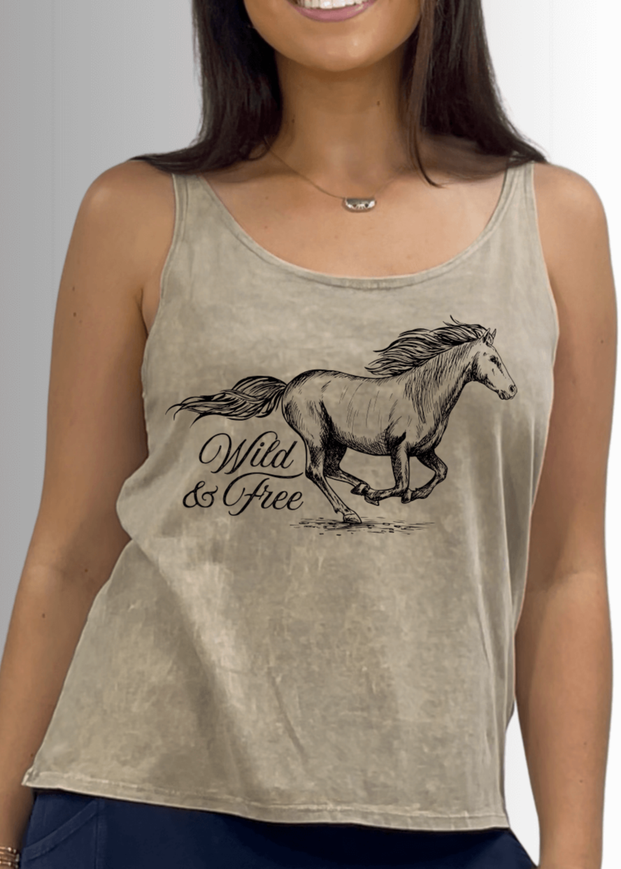 Made in USA Wild and Free Horse Graphic Women's Sustainable durable premium America-made cotton tank top, Wide Round Neck, Loose Fit | Classy Cozy Cool Made in America Boutique