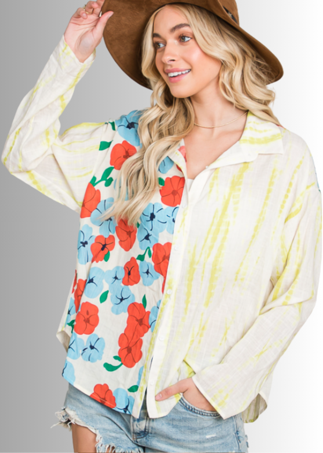 Floral Block Contrast Button Down Adorable Top by Bucket List | Made in USA | Button Down Collared Floral & Dyed Block Contrast Pattern | 100% Cotton