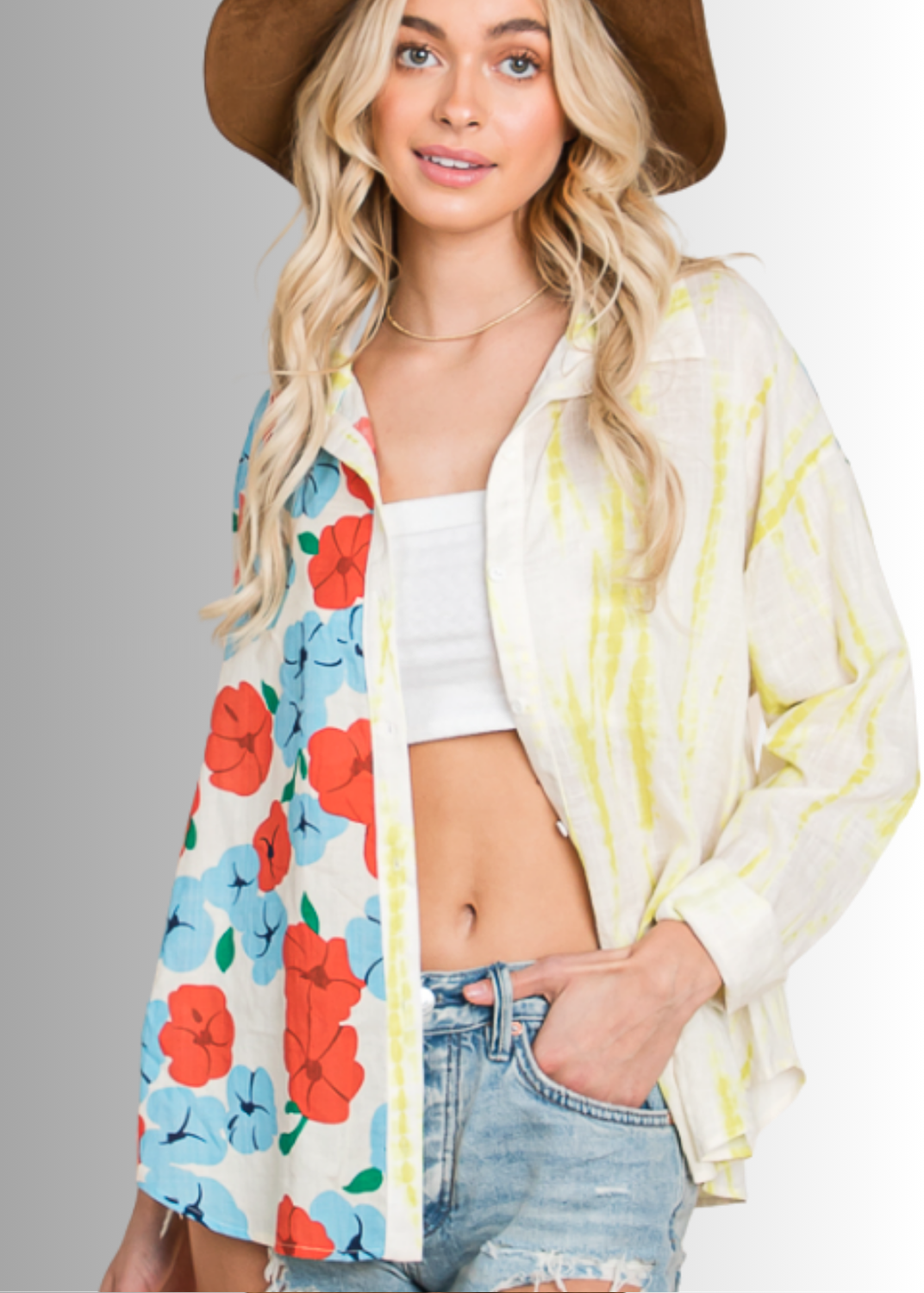 Floral Block Contrast Button Down Adorable Top by Bucket List | Made in USA | Button Down Collared Floral & Dyed Block Contrast Pattern | 100% Cotton