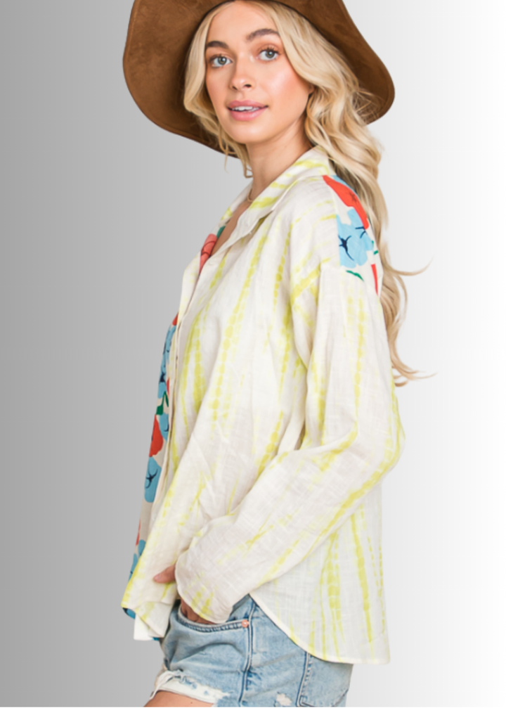 Floral Block Contrast Button Down Adorable Top by Bucket List | Made in USA | Button Down Collared Floral & Dyed Block Contrast Pattern | 100% Cotton