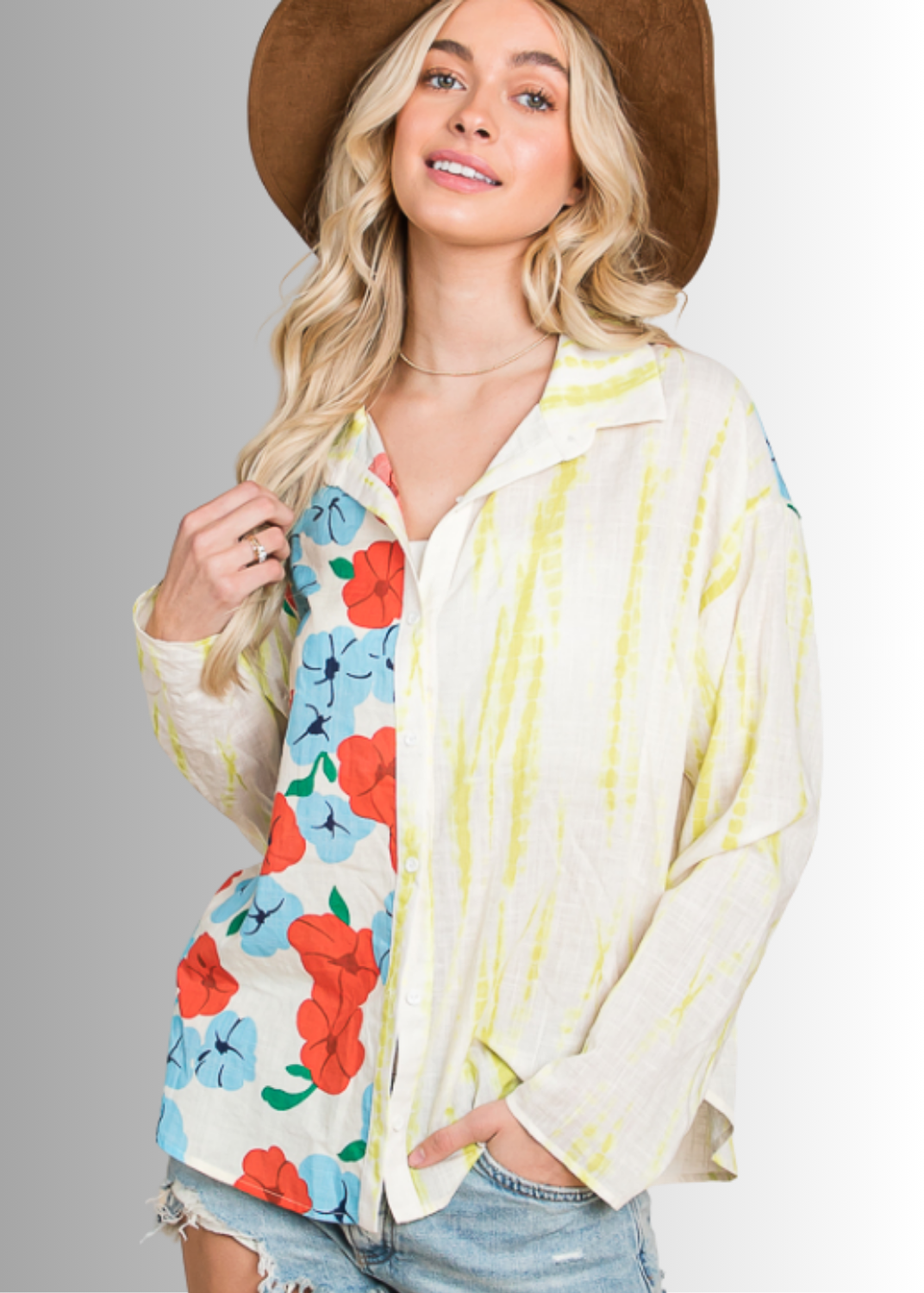 Floral Block Contrast Button Down Adorable Top by Bucket List | Made in USA | Button Down Collared Floral & Dyed Block Contrast Pattern | 100% Cotton