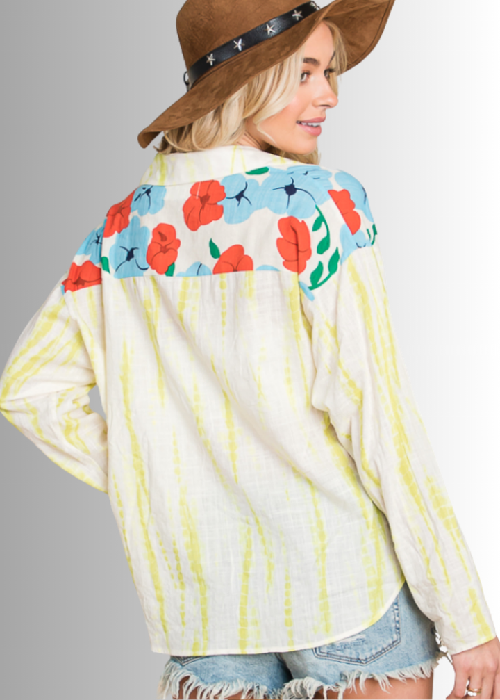 Floral Block Contrast Button Down Adorable Top by Bucket List | Made in USA | Button Down Collared Floral & Dyed Block Contrast Pattern | 100% Cotton