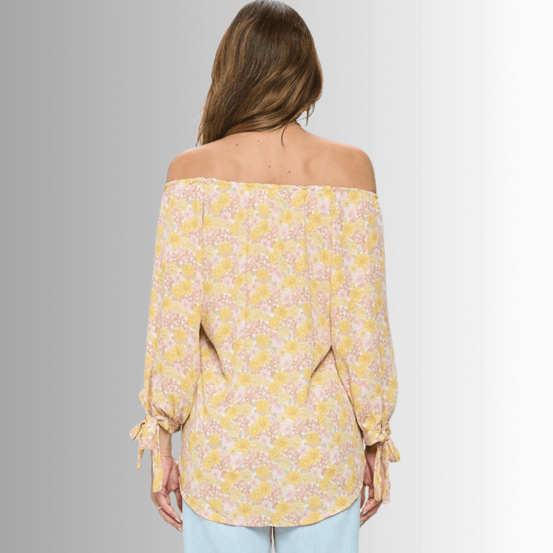 USA Made Women's Off the Shoulder Yellow Floral Top with Tie Sleeve Detail | Renee C Style# 3499TPI | Classy Cozy Cool Women's Made in USA Boutique