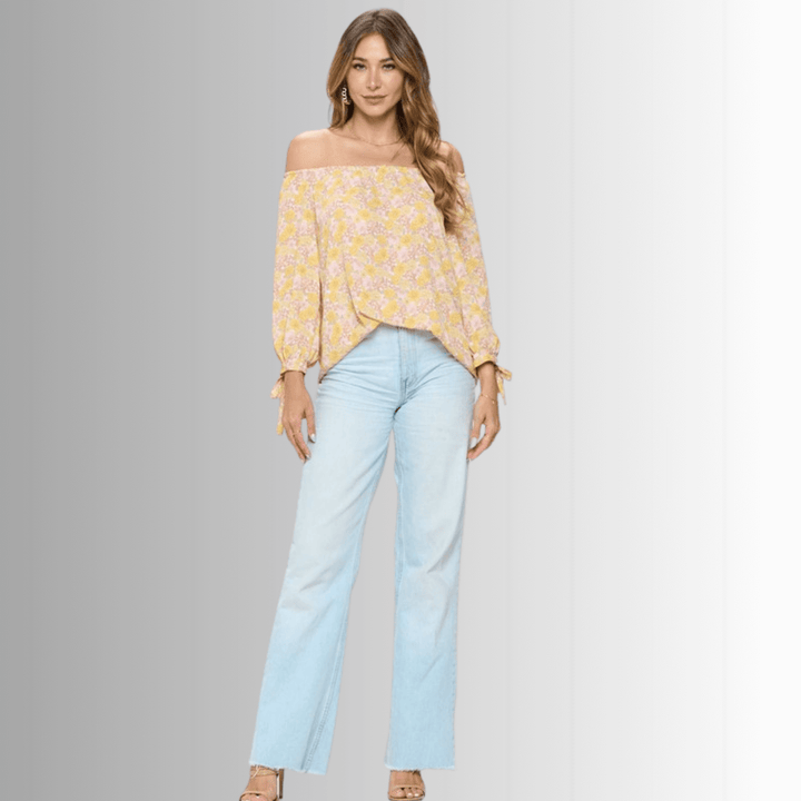 USA Made Women's Off the Shoulder Yellow Floral Top with Tie Sleeve Detail | Renee C Style# 3499TPI | Classy Cozy Cool Women's Made in USA Boutique