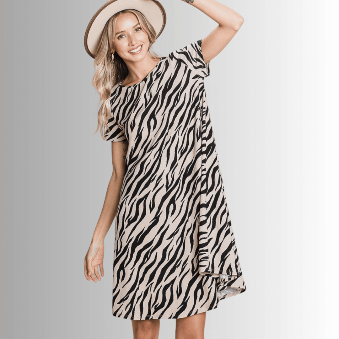 Made in USA Women's Super Soft Casual Animal Print Short Sleeve Dress in Black and Beige Dress  | Classy Cozy Cool Made in America Boutique