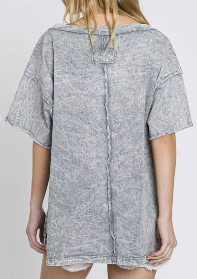 USA Made Ladies V-Neck Relaxed Fit Heavyweight Cotton Mineral Washed Tee Shirt with Front Pocket & Raw Edge Detail in Grey | Classy Cozy Cool Women's Made in America Boutique