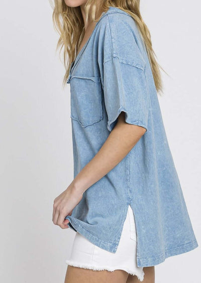 USA Made Ladies V-Neck Relaxed Fit Heavyweight Cotton Mineral Washed Tee Shirt with Front Pocket & Raw Edge Detail in Blue | Classy Cozy Cool Women's Made in America Boutique